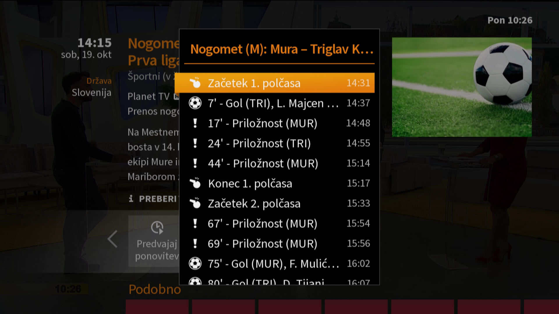Modri gumb omogoča hitri ogled nazaj vseh TOP športnih dogodkov.