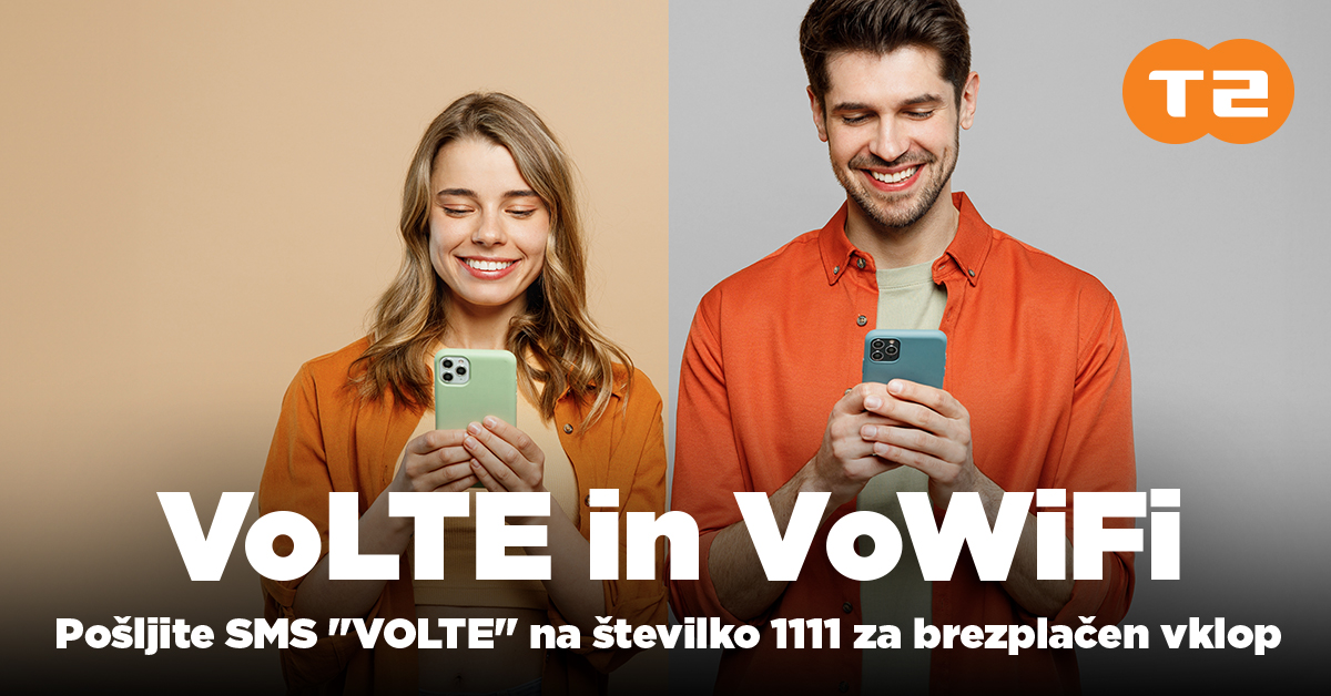 Nasmejan par pošilja SMS »VOLTE« na številko 1111 za brezplačen vklop VOLTE in VoWiFi pri T-2.